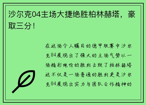 沙尔克04主场大捷绝胜柏林赫塔，豪取三分！