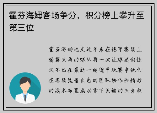 霍芬海姆客场争分，积分榜上攀升至第三位